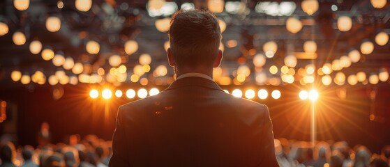 Man Standing On Stage Under Spotlight.
