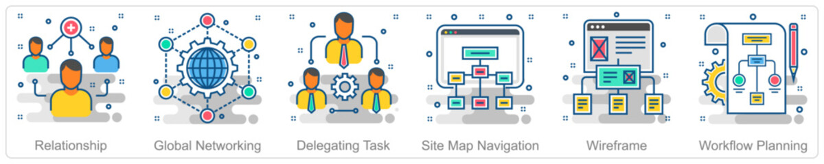 A set of 6 Business icons as relationship, global networking, delegating task