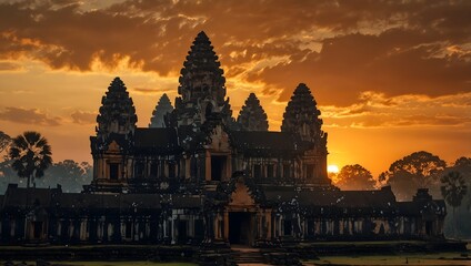 Fototapeta premium The mystical temples of Angkor Wat as the sun rises, painting the sky in hues of orange and gold ai-generated