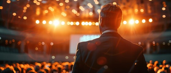 Man Standing On Stage With Lights Behind Him.