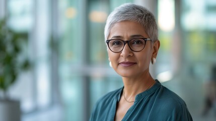 Fototapeta premium Portrait of a confident older woman with short gray hair and glasses in a modern office setting, perfect for business and corporate themes.