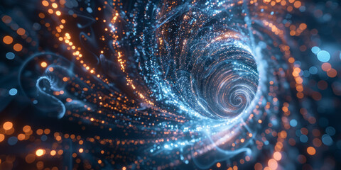 Conceptual cluster, a swirling vortex of data streams merging into a central core of interconnected nodes.