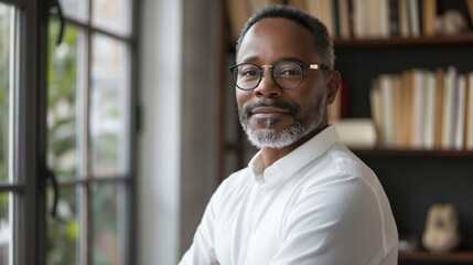 Fototapeta premium A confident older man with glasses and a white shirt standing by a window, perfect for business and professional themes.