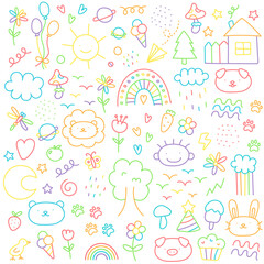 Children scribble set. Hand drawn colored set of simple elements. Icons set such as clouds, rainbow, animals, scribble, flowers, hearts, stars, lines isolated on white background. Vector illustration