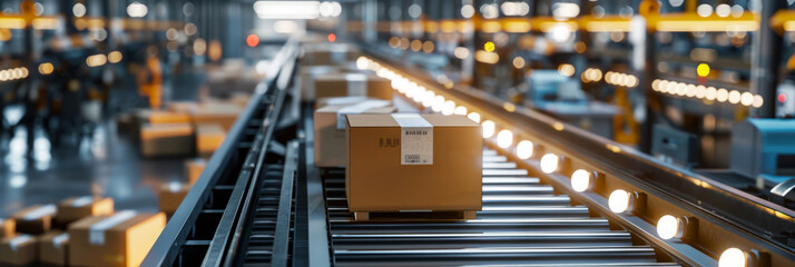 Fototapeta premium A packaging line with high-tech machines rapidly boxing and labeling consumer products, lit by harsh industrial lighting