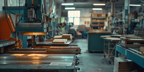 A modern bookbindery with machines cutting, folding, and binding pages into hardcover books