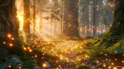 Enchanted Forest Glade at Dawn with Magical Fireflies