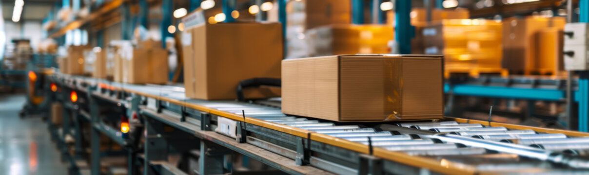 A packaging line with high-tech machines rapidly boxing and labeling consumer products, lit by harsh industrial lighting