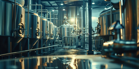 A brewery with giant stainless steel vats and pipes, automated systems controlling the fermentation process