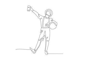 Man with glass of beer and beer keg. Oktoberfest concept one-line drawing