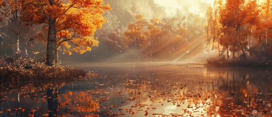 Naklejka premium Autumn Forest Lake at Sunset.