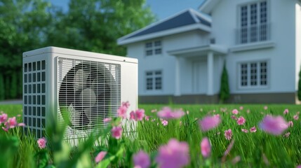 An air conditioning unit placed in a garden with blooming pink flowers in front of a suburban house, symbolizing comfort and home living, perfect for HVAC promotions.