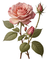 Rose in the style of old botanical illustrations, transparent background.