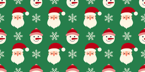 Christmas seamless pattern with snowman, santa claus and snowflakes. Flat vector ornament for print, banner, card, fabric, cover, wrapping paper, wallpaper