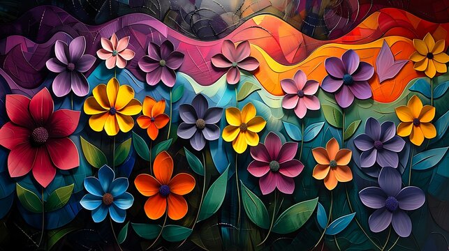 A colorful retro wall background with funky patterns inspired by the 70s, showcasing floral motifs and psychedelic shapes in bright colors like purple, orange, and green, dynamic and nostalgic design