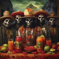 Fototapeta premium a group of skulls with sombrero on them are standing in front of a table with fruit and fruit 
