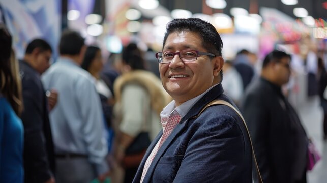 Successful Mexican businessman networking at a trade fair in bustling Monterrey