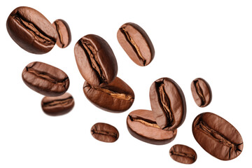Levitation of coffee beans isolated on a transparent background.