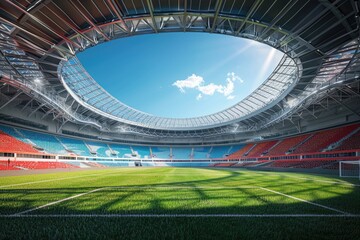 Panoramic view of a soccer stadium from the top of the stands