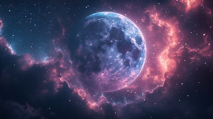 A dreamy celestial wall background with stars and planets, including a glowing crescent moon and colorful nebulas, vibrant and soft hues of purple, blue, and pink, creating a peaceful 