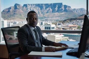 Fototapeta premium Successful South African Businessman Planning Investment Strategies in Cape Town Office