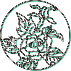 カラーシャドウの円形花札　水無月　牡丹　6月　牡丹のカス