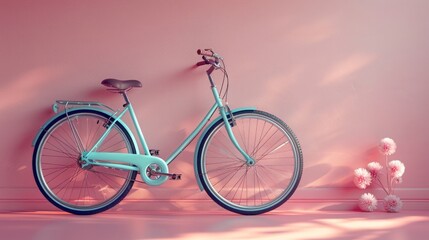 Fototapeta premium Blue Bicycle Leaning Against a Pink Wall