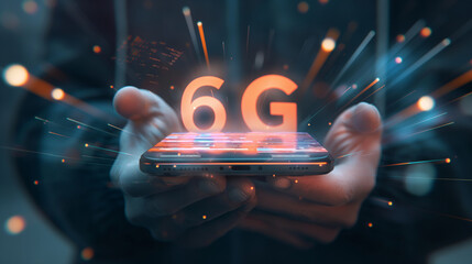 interactive holographic 6g shining text icon displayed over a mobile phone screen in hands