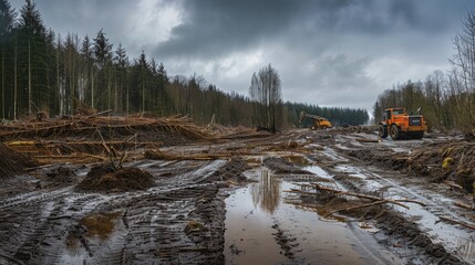 Heavy machinery working in logging area on cloudy day with muddy ground, fallen trees, and forest in background.