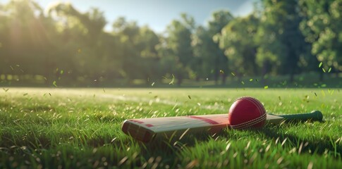 A cricket bat and ball on the green grass in the Stadium