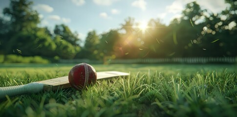 A cricket bat and ball on the green grass in the Stadium