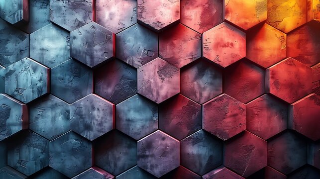 A modern wall background displaying abstract geometric shapes, including hexagons and parallelograms, using a balanced palette of bright and soft colors, intricate and precise design