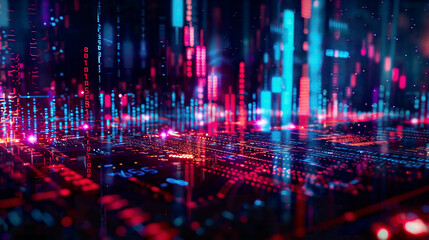 Obraz premium 3D futuristic stock exchange illustration digital charts numbers BUY and SELL optionsglowing neon elements dark backdrop 