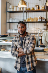 Fototapeta premium A confident African businessman stands in his cafe, smiling and exuding success and professionalism.
