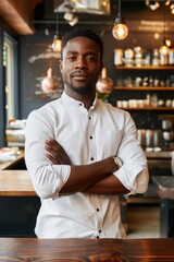 Obraz premium An African waiter in a white shirt stands confidently in a coffee shop, highlighting his professional demeanor.