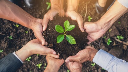 Group of people hands holding young plant in soil, closeup. Earth day concept.