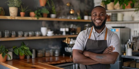 A cheerful African bartender in an apron stands confidently, showcasing his professionalism.