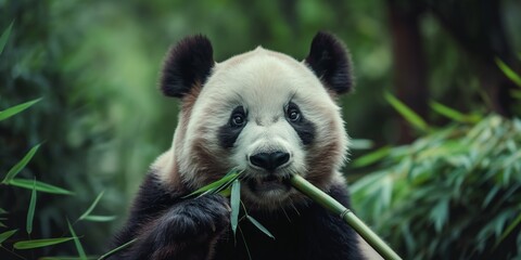Fototapeta premium A giant panda sits in a forest eating bamboo, displaying its adorable nature and wildlife presence.
