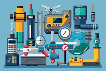 a collection of various tools used for mechanical work. The atmosphere suggests a well-equipped space, a workshop or laboratory, with many devices for various measurements and manipulations.