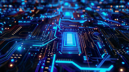 Obraz premium Abstract blue glowing circuit board background with copy space at center for your text logo or products perfect for Artificial Intelligence Technology and Cryptocurrency concept