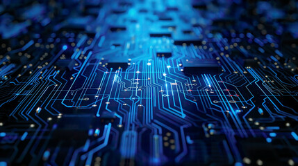 Abstract blue glowing circuit board background with copy space at center for your text logo or products. Perfect for Artificial Intelligence Technology Crypto Currency concept. 