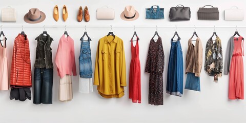 A store display of fashionable clothes on hangers, showcasing a variety of styles and garments.