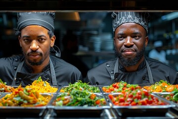 A pair of skilled black chefs expertly prepare food in a high-end kitchen, showcasing their culinary prowess with precision and professionalism.