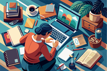 Fototapeta premium top view of a manager sitting at a desk working on a laptop. The desk is cluttered with various items. The atmosphere suggests an informal but busy workspace at home