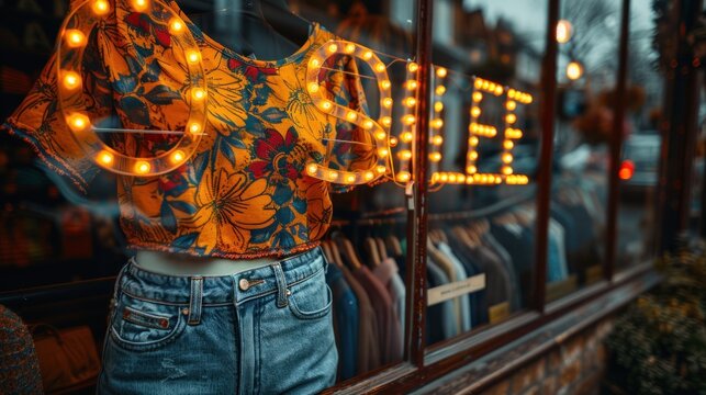 Floral Top in a Shop Window with a Sale Sign