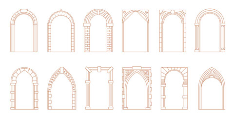 Art deco arch window and door frames, entrance doorways and gateway, vector architectural line drawing. Ancient classic architecture arch doors with arcs of Medieval temple, palace or mosque doorways
