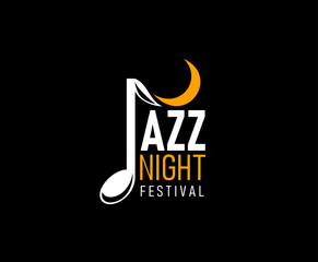 Jazz music icon, vector stylish emblem for jazz night festival, featuring musical note combined with a crescent moon in yellow and white on black background. Label for instrumental concert performance