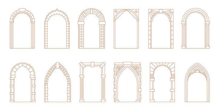 Art deco arch window and door frames, entrance doorways and gateway, vector architectural line drawing. Ancient classic architecture arch doors with arcs of Medieval temple, palace or mosque doorways
