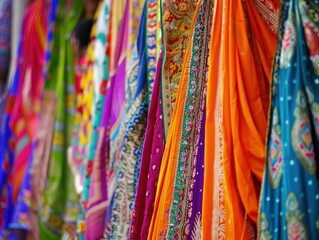 Vibrant Indian Saris: Essence of Colorful Fabric and Intricate Embroidery in a Bustling Indian Market