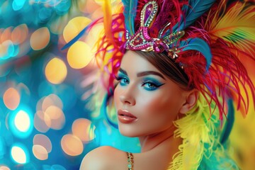 Sensual and cute woman Rio carnival participant in breathtaking costume